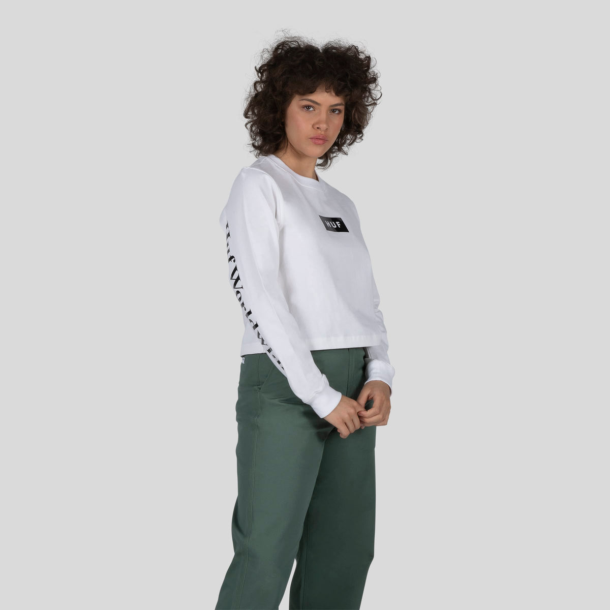 HUF Foil Bar Logo Long Sleeve Crop T-Shirt White